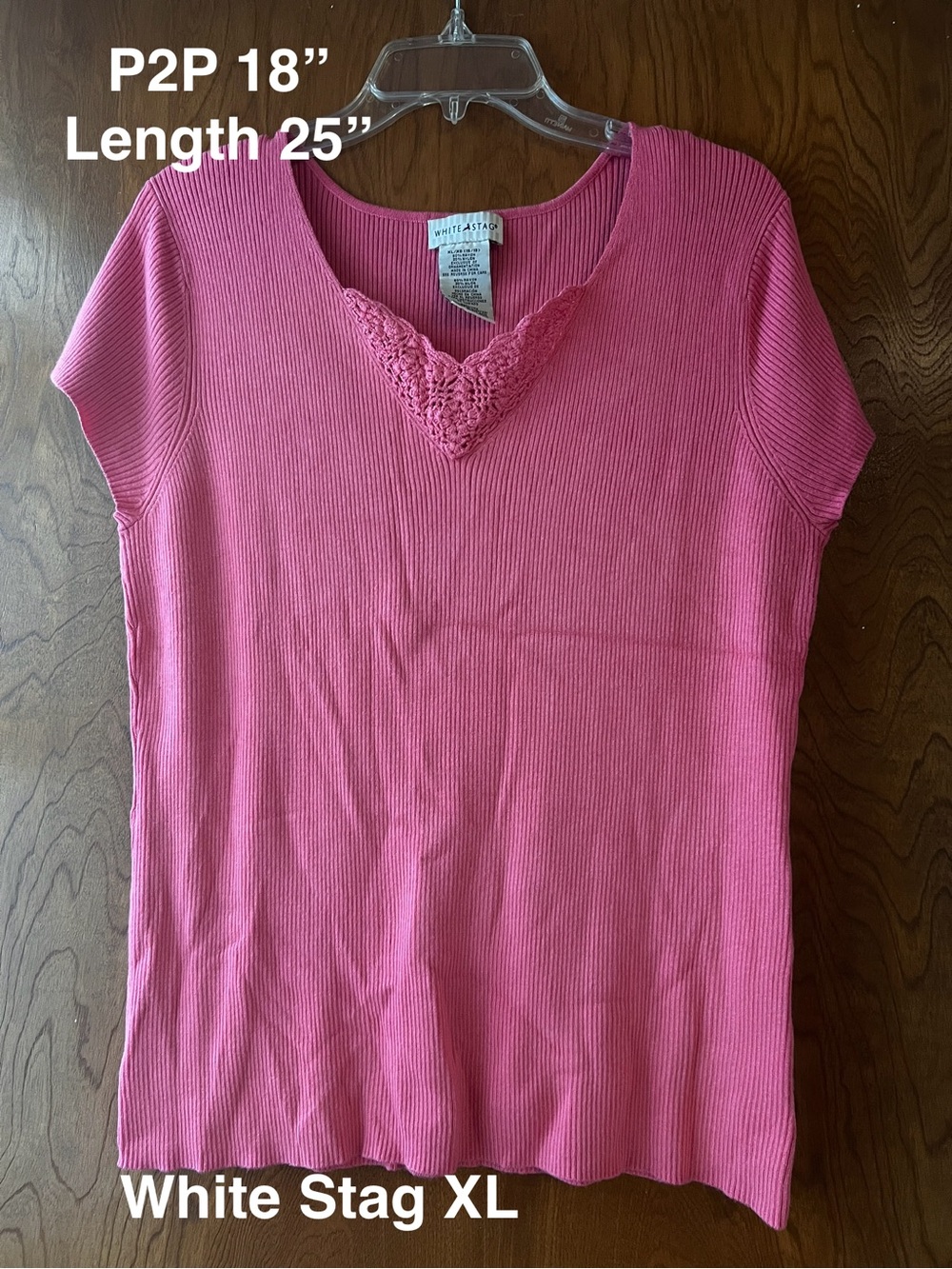Pink Ribbed Top with Crochet V-Neck - XL